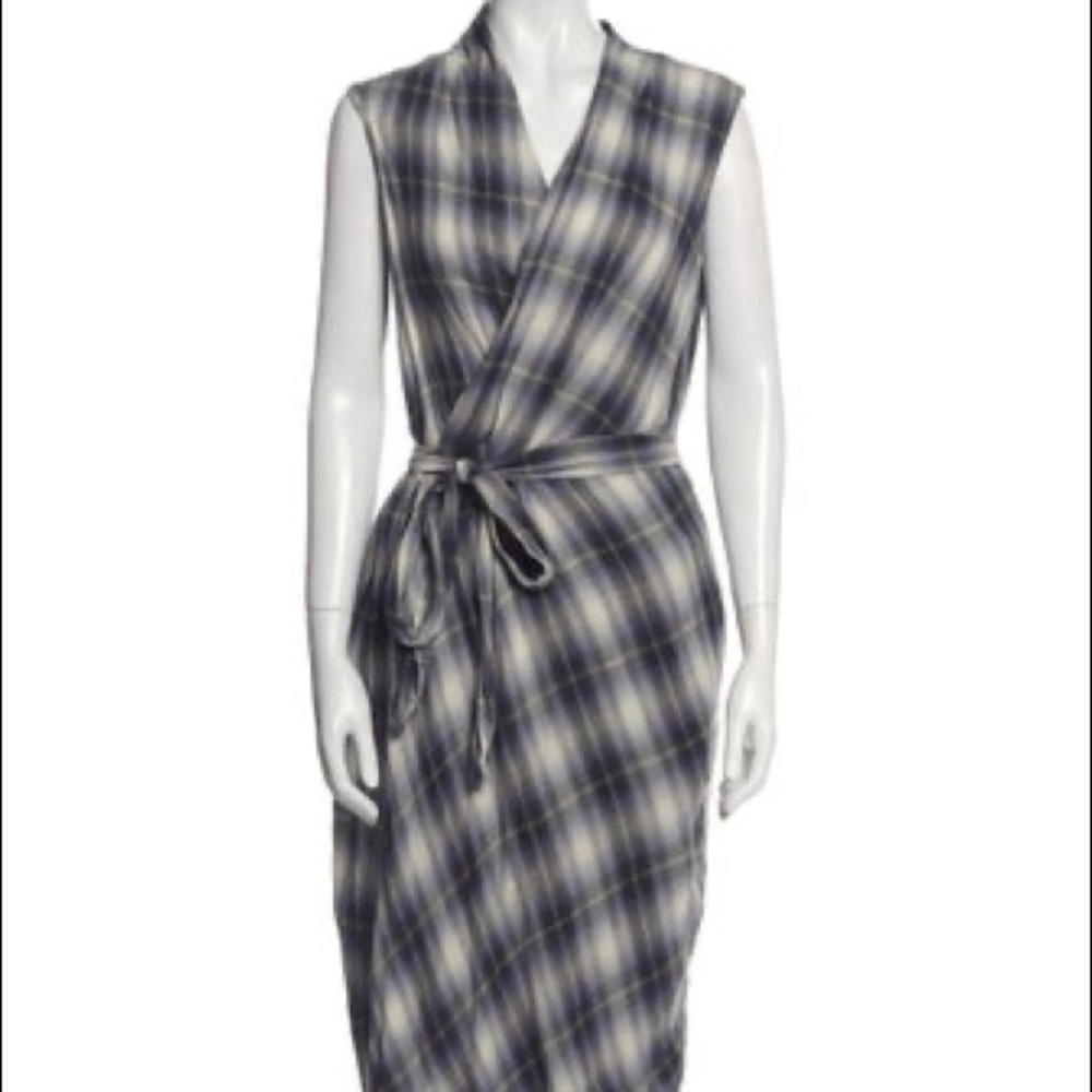 Vince Shadow Plaid sleeveless wrap dress